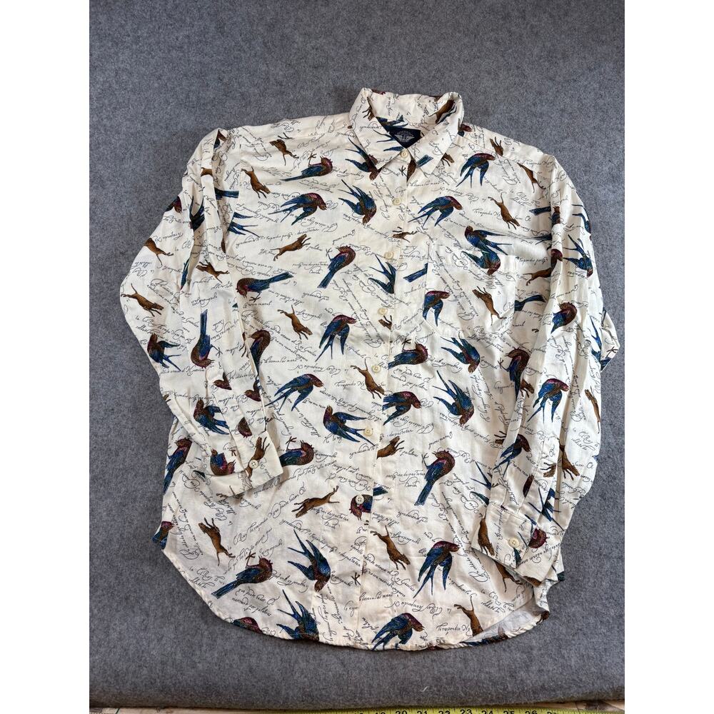 VTG 90s Dockers Shirt Mens Large Cream Dog Bird AOP Animal Print Long Sleeve